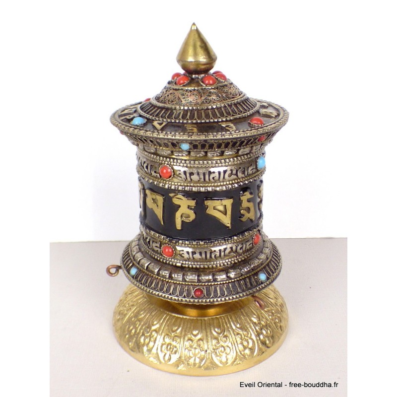 Moulin à prières tibétain de table patine antique 17 cm Objets rituels bouddhistes MAPT15