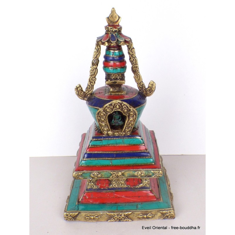 Stupa laiton pierres pour autel bouddhiste 21 cm Objets rituels bouddhistes ref 3755