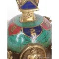 Statuette bouddhiste Stupa tibétain Feuilles en laiton et pierres - Statuettes bouddhistes tibétaines artisanales