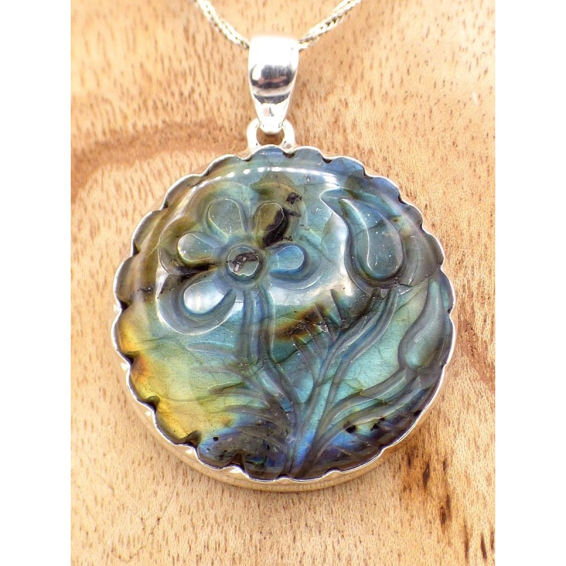 Gros pendentif Labradorite sculptée fleur Bijoux en Labradorite PU88