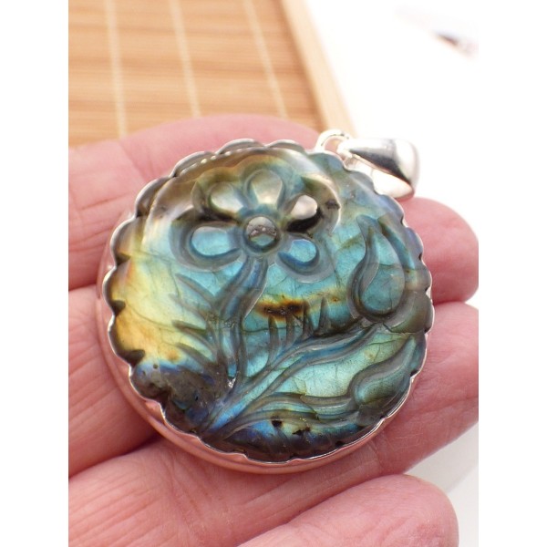 Gros pendentif Labradorite sculptée fleur Bijoux en Labradorite PU88