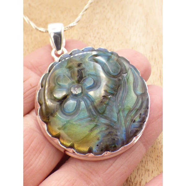 Gros pendentif Labradorite sculptée fleur Bijoux en Labradorite PU88