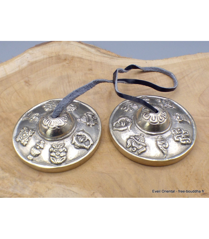 Tingshas tibétaines Signes Auspicieux argentées 7 cm Tingsha tibétaine cymbales TBDRA1