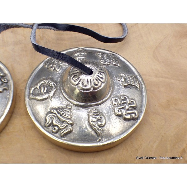 Tingshas tibétaines Signes Auspicieux argentées 7 cm Tingsha tibétaine cymbales TBDRA1