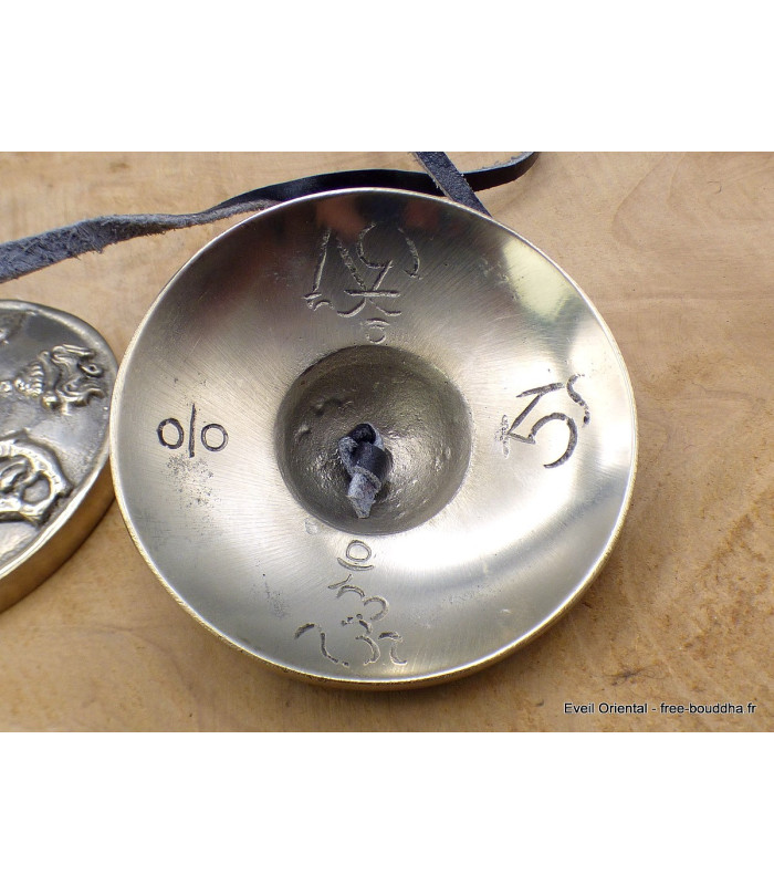 Tingshas tibétaines Signes Auspicieux argentées 7 cm Tingsha tibétaine cymbales TBDRA1