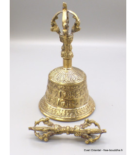 Cloche tibétaine et dorjé en bronze laiton 13 cm