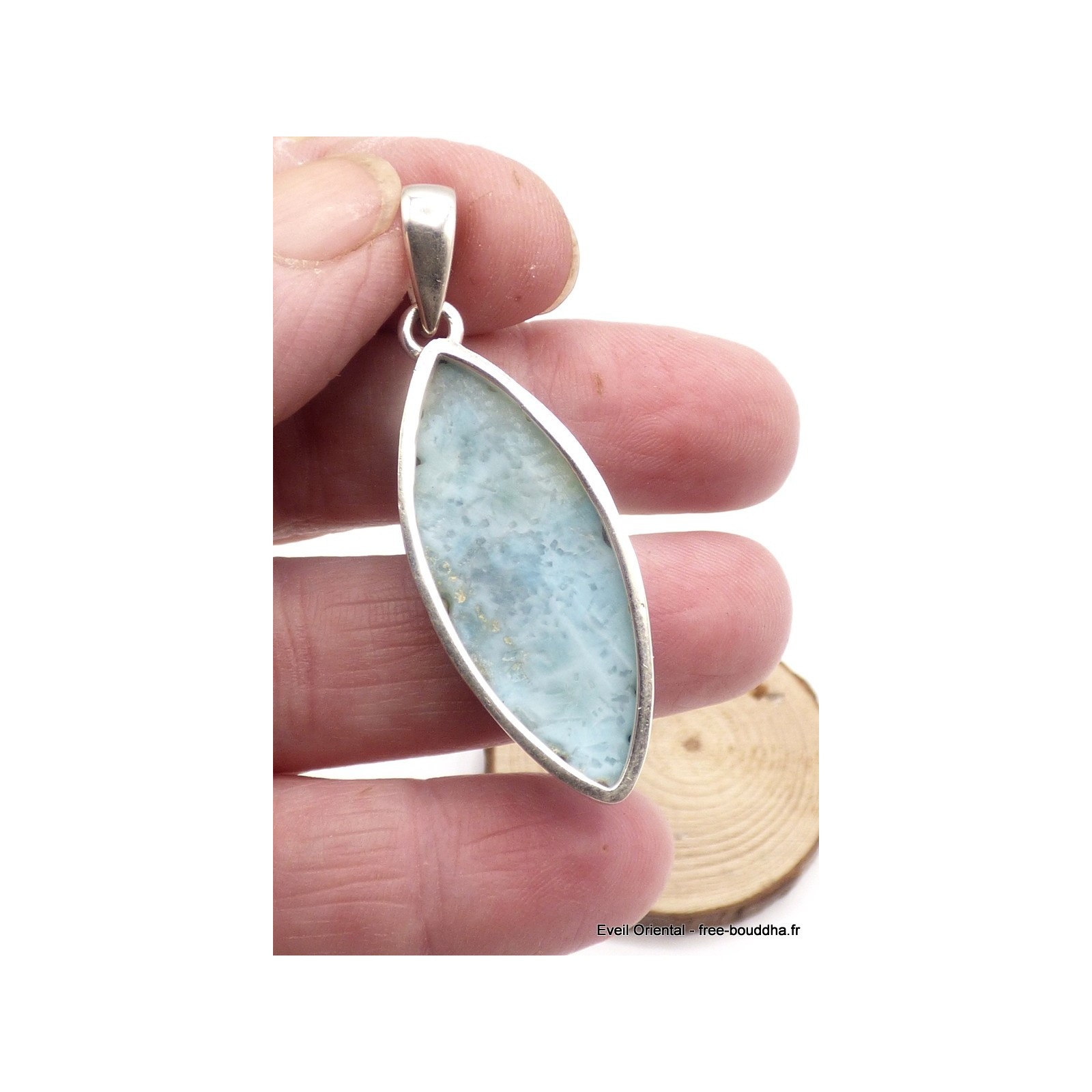Pendentif Ancien En Larimar Monté Sur Argent 925 - Pierre Polie Turquoise - Très Bon état