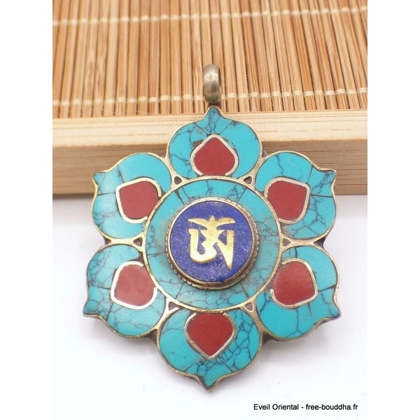 Pendentif tibétain fleur et Om Bijoux tibetains bouddhistes PT24.1