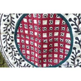 Nappe tibétaine en coton brodé bordeau kaki - Tenture murale bouddhiste, nappe