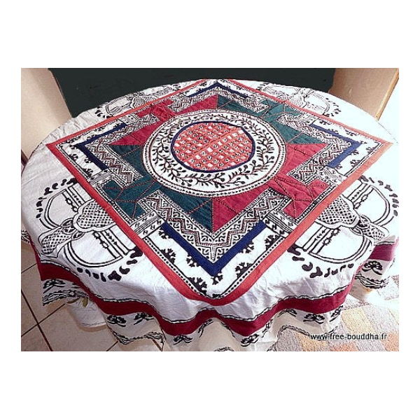 Nappe tibétaine en coton brodé bordeau kaki Tentures tibétaines Bouddha NTK3