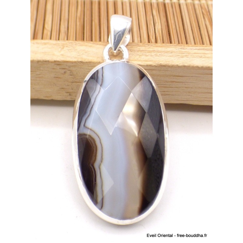 Pendentif Agate noire à bandes oval facetté Pendentifs pierres naturelles XV3.4