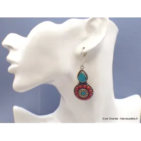 Boucles d'oreilles tibétaines pierres fantaisie - Boucles d'oreilles tibétaines