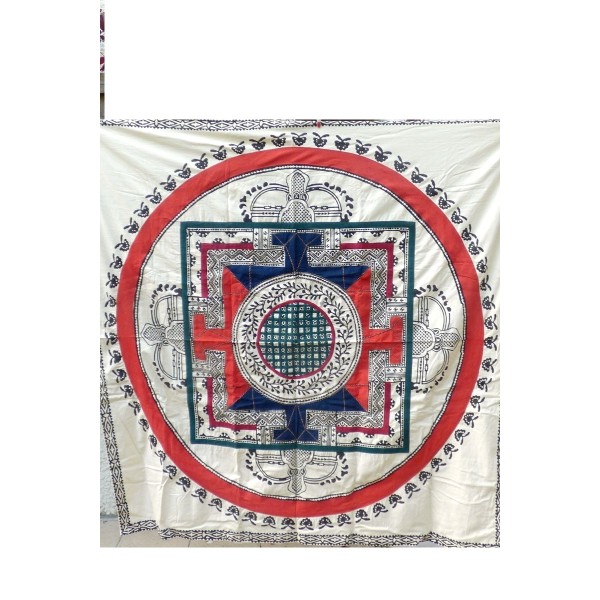 Nappe tibétaine en coton brodé rouge bleu Tentures tibétaines Bouddha NTK5