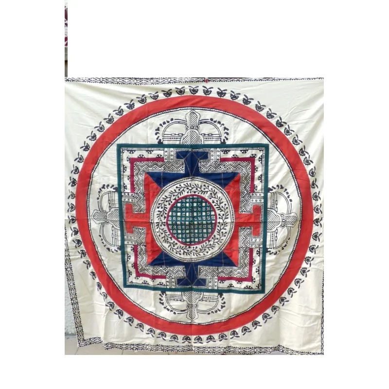 Nappe tibétaine en coton brodé rouge bleu - Tenture murale bouddhiste, nappe