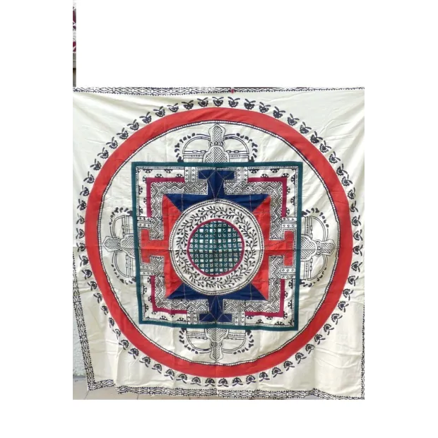 Nappe tibétaine en coton brodé rouge bleu - Tenture murale bouddhiste, nappe