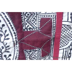 Nappe tibétaine en coton brodé écru kaki bordeau - Tenture murale bouddhiste, nappe