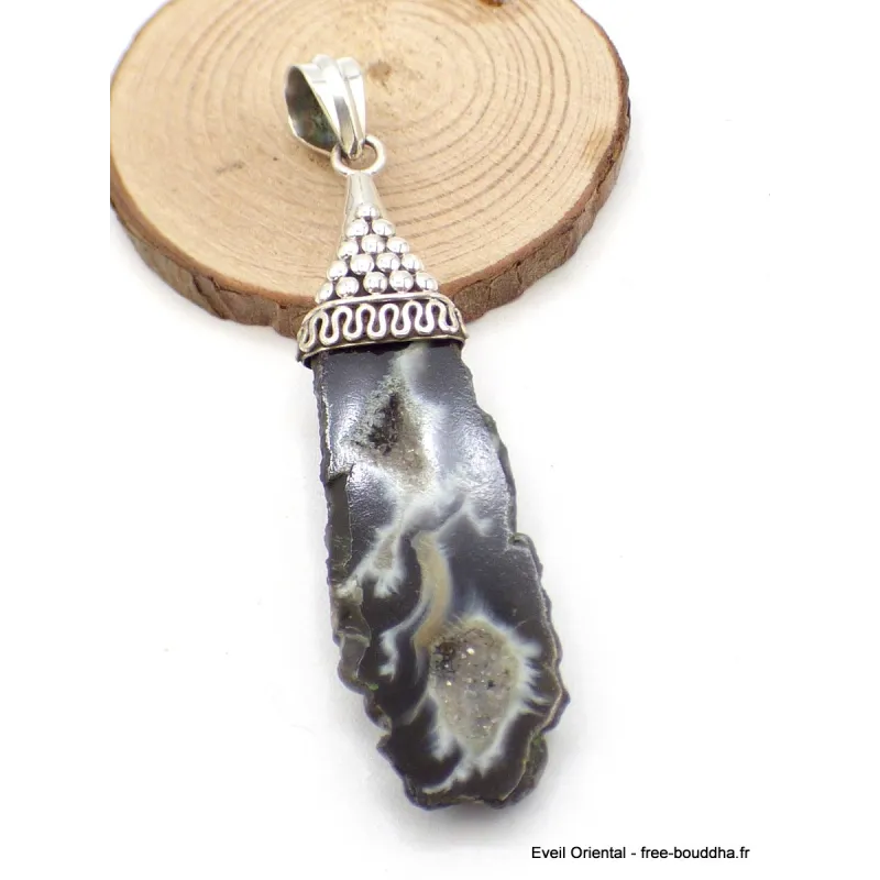 Pendentif Agate géode blanche et noire - Pendentifs pierres naturelles