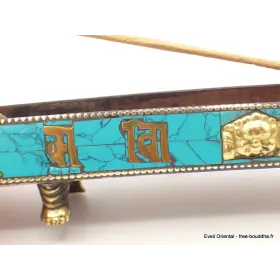 Porte encens tibétain cuivre et turquoise, mantra de Chenrezi - Porte-encens tibétains