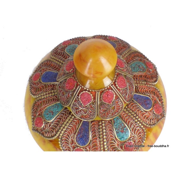 Boîte à bijoux tibétaine en Ambre et métal vieilli Artisanat tibétain bouddhiste BAT6.3