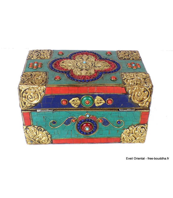 Grosse boîte à bijoux pierres naturelles Artisanat tibétain bouddhiste BAT14