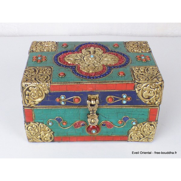 Grosse boîte à bijoux tibétaine sertie de pierres Artisanat tibétain bouddhiste BAT14
