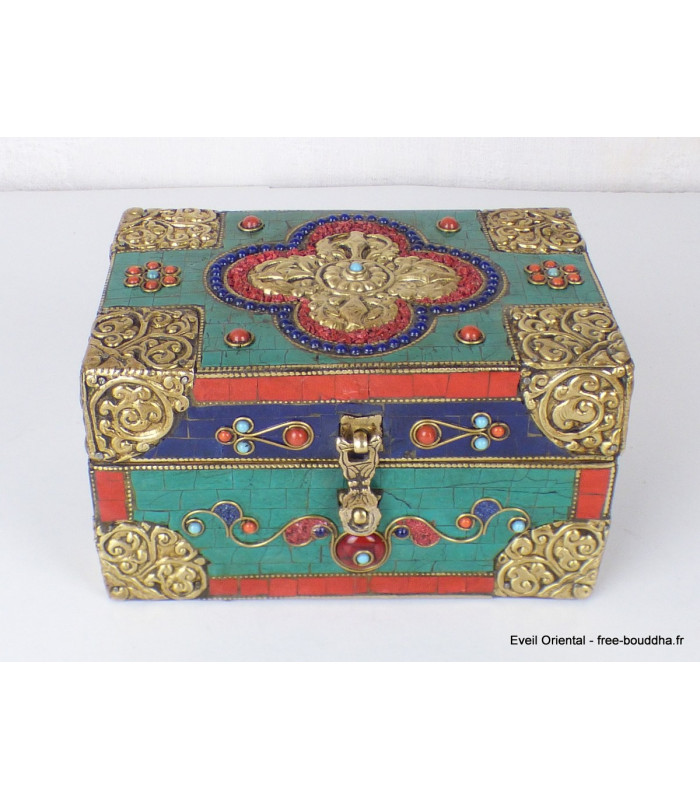 Grosse boîte à bijoux pierres naturelles Artisanat tibétain bouddhiste BAT14