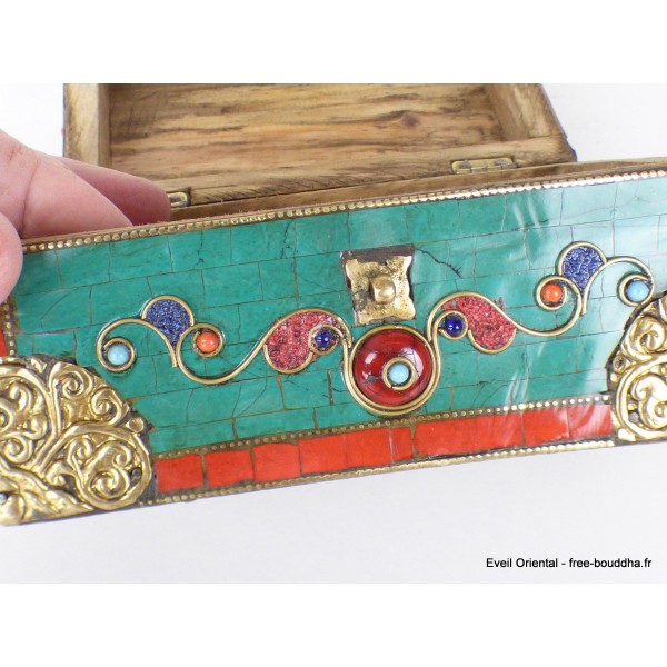 Grosse boîte à bijoux tibétaine sertie de pierres Artisanat tibétain bouddhiste BAT14