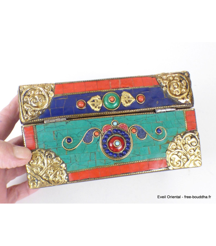 Grosse boîte à bijoux pierres naturelles Artisanat tibétain bouddhiste BAT14