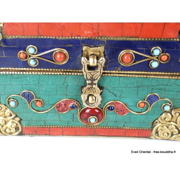 Grosse boîte à bijoux tibétaine sertie de pierres Artisanat tibétain bouddhiste BAT14