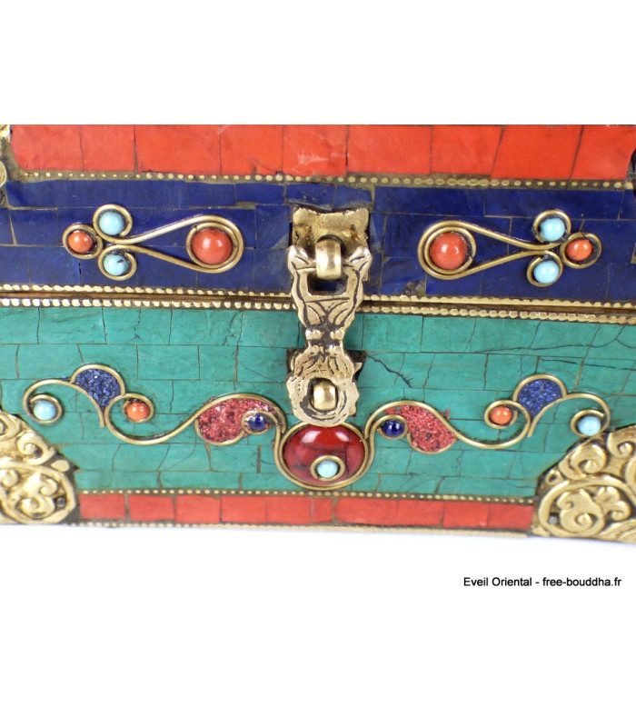 Grosse boîte à bijoux pierres naturelles Artisanat tibétain bouddhiste BAT14