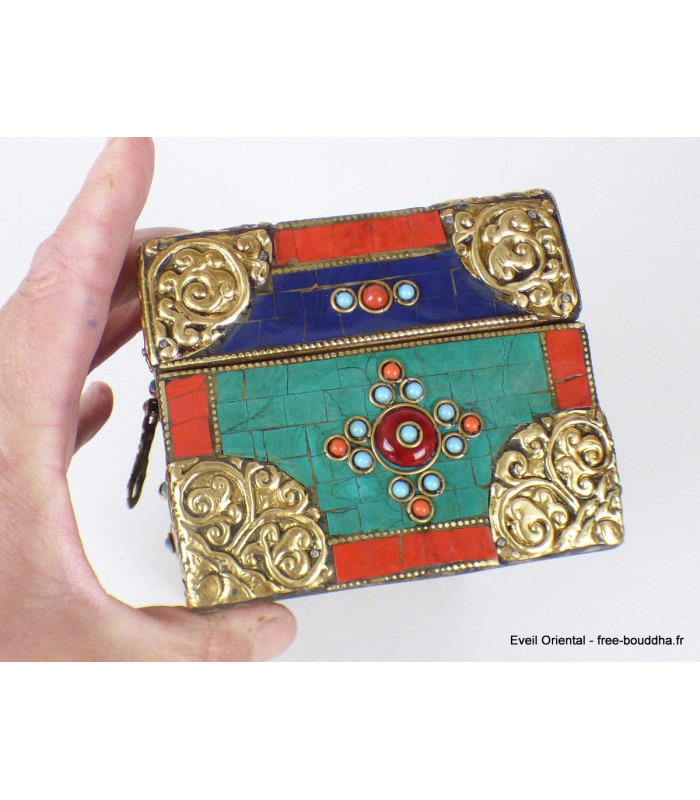 Grosse boîte à bijoux pierres naturelles Artisanat tibétain bouddhiste BAT14