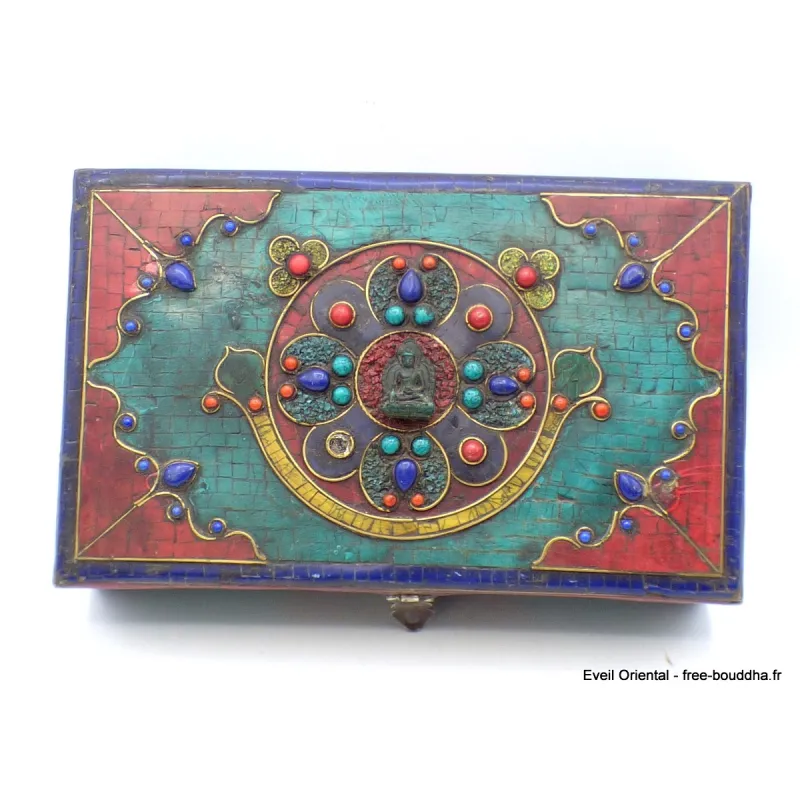Boîte à bijoux bouddhiste en pierres vieillies - Artisanat tibétain bouddhiste