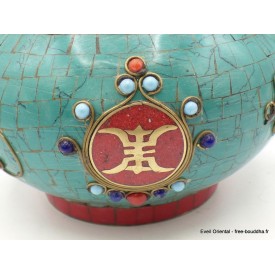 Théière tibétaine en pierres turquoise et corail Artisanat tibétain bouddhiste TH1