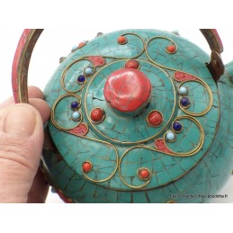Théière tibétaine en pierres turquoise et corail Artisanat tibétain bouddhiste TH1