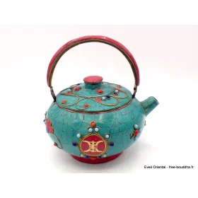 Théière tibétaine en pierres turquoise et corail - Artisanat tibétain bouddhiste