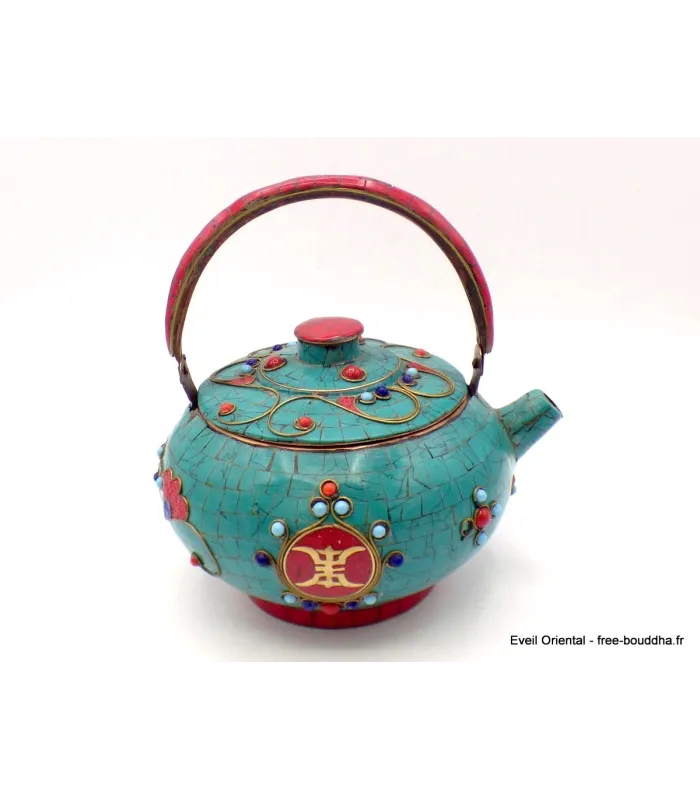 Théière tibétaine en pierres turquoise et corail - Artisanat tibétain bouddhiste