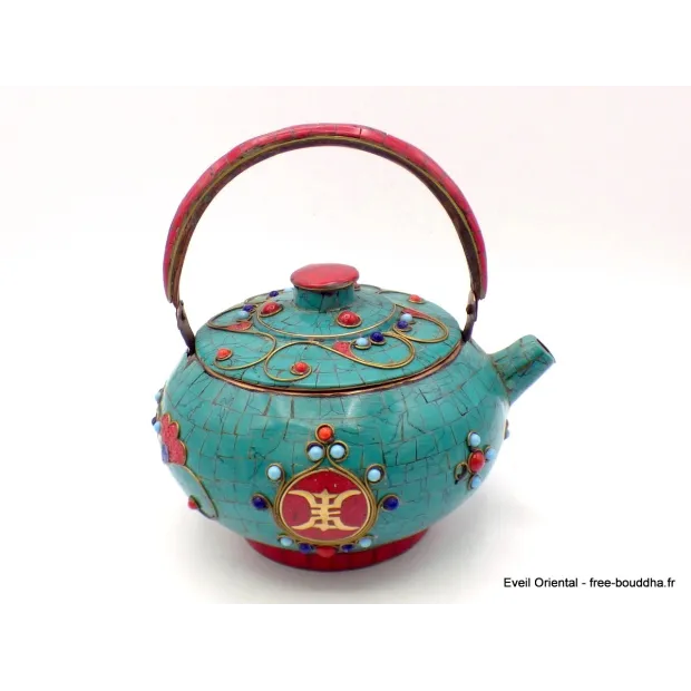 Théière tibétaine en pierres turquoise et corail - Artisanat tibétain bouddhiste