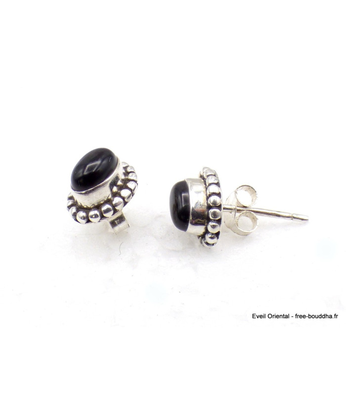 Clous d'oreilles Onyx noir cabochon Boucles d'oreilles en pierres AW100.1
