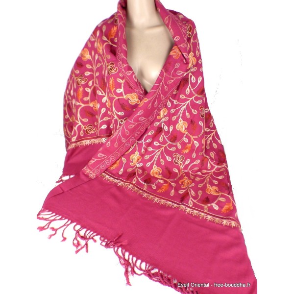 Châle laine ethnique rose framboise en laine Pashminas laine et broderies NCT2