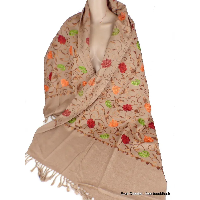 Châle laine ethnique beige doré brodé - Châles en laine faits main