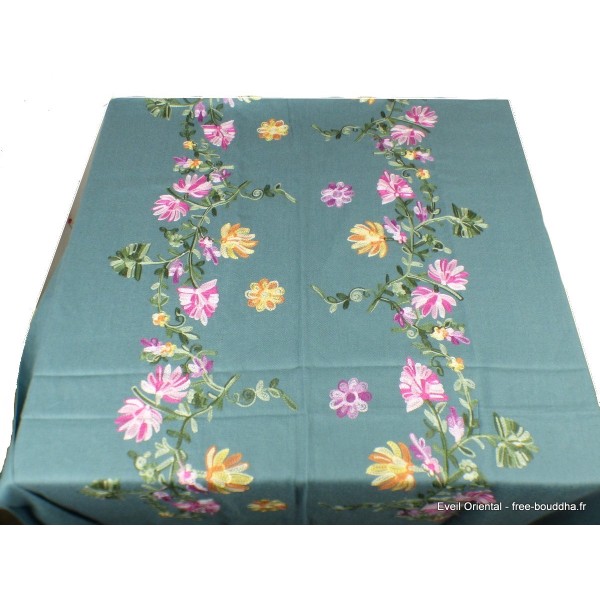 Châle ethnique brodé fleurs vert blue stone Nos Châles CNBR9
