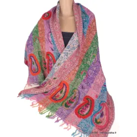 Châle pashmina rayures multicolores brodé - Châles en laine faits main