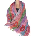 Châle pashmina rayures multicolores brodé - Châles en laine faits main
