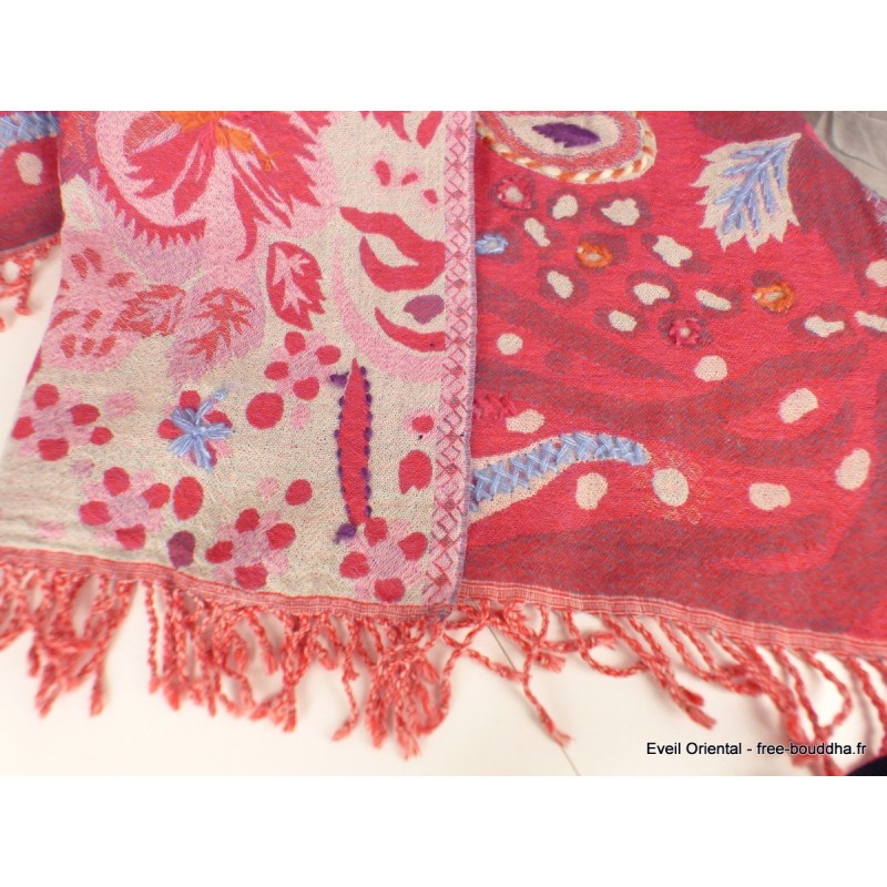 JANET CELADON, châle véritable pashmina 100% cachemire brodé main