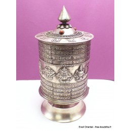 Gros Moulin à prières bouddhiste plaqué argent 26 cm Objets rituels bouddhistes GMAP51