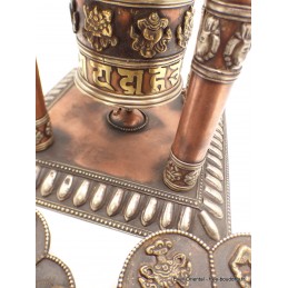 Rare Moulin à prières 4 pilliers métal vieilli 30 cm Objets rituels bouddhistes MAPT5