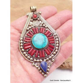 Pendentif népalais ethnique – Bijou tibétain en métal & pierres fantaisie