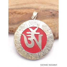 Pendentif tibétain Om sur fond rouge Bijoux tibetains bouddhistes 2668.1