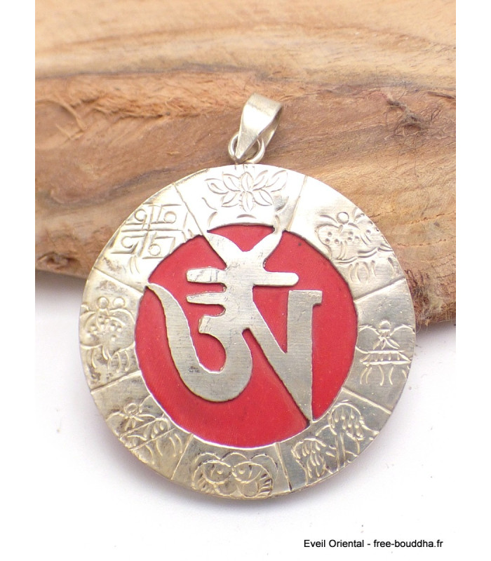Pendentif tibétain Om sur fond rouge Bijoux tibetains bouddhistes 2668.1