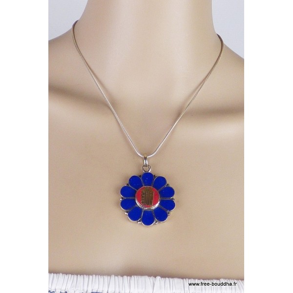 Bijou tibétain pendentif fleur couleur corail Bijoux tibetains bouddhistes ref 35.3